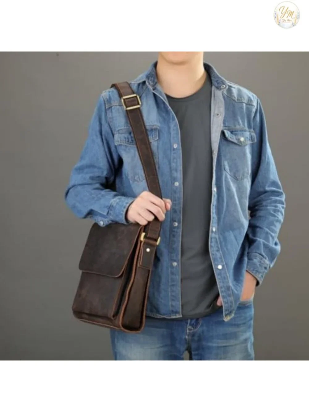 Men's Genuine Cowhide Leather Messenger Bag Crossbody iPad Shoulder Bag